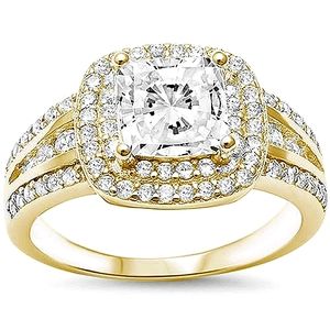 "World Of ICEETHON" Vermeil CZ .925 Sterling Silver Dbl Halo‎ Bridal Ring, Sz 10